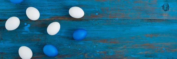 Frame Easter Eggs Place Inscription Blue Wooden Background Copy Space — Stock Photo, Image