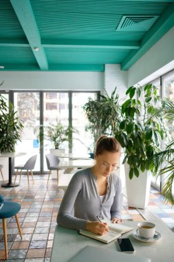 Kız bir defter, bir dizüstü bilgisayar ve telefon yanındaki notlar alır