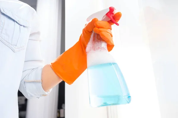 Girl Washes Glass Orange Gloves Blue Rag — Stock Photo, Image