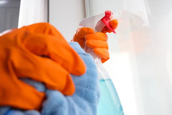 Girl Washes Glass Orange Gloves Blue Rag — Stock Photo, Image