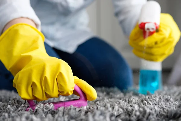 Girl Cleans Carpet Brush — Stock Photo, Image