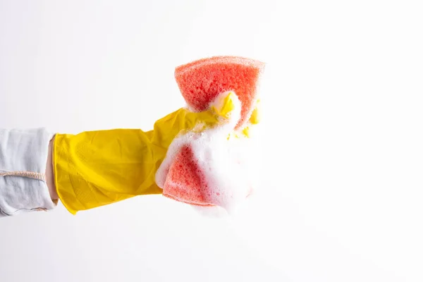 Hand Squeezes Out Sponge White Background — Stock Photo, Image