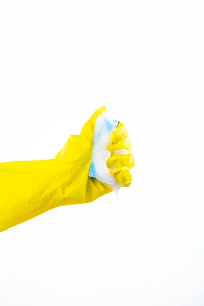 Hand Squeezes Out Sponge White Background — Stock Photo, Image