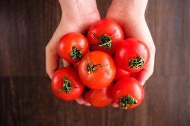 Bir kızın avuç içlerinde birkaç kırmızı domates