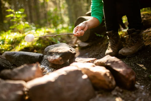 Flicka Sitter Vid Elden Skogen Dricka Och Rostning Marshmallows — Stockfoto