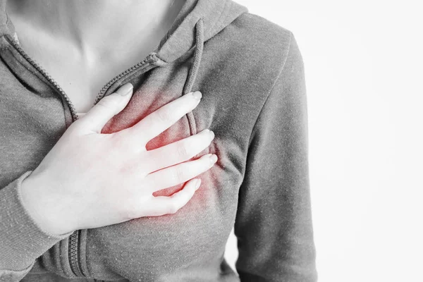 The concept of breast cancer, heart attack. Women\'s Health. Painful woman touching her chest