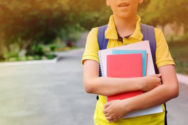 Bir çocuğun elinde ki kitaplar ve defterler