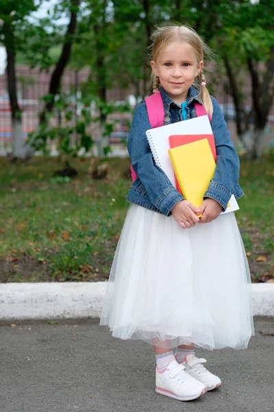 Porträtt Liten Flicka Som Går Skolan — Stockfoto