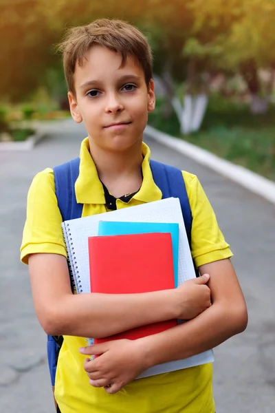 Niño Con Una Mochila Cuadernos —  Fotos de Stock