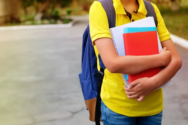 Libri Quaderni Nelle Mani Bambino — Foto Stock