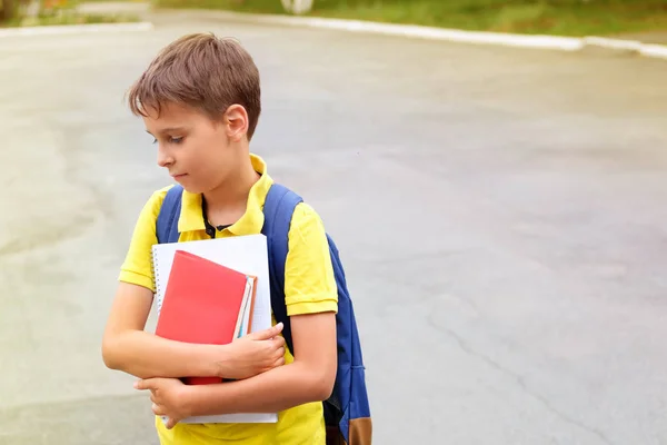 Niño Con Una Mochila Cuadernos —  Fotos de Stock