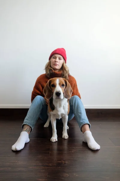 Chica Suéter Casa Juega Con Perro — Foto de Stock