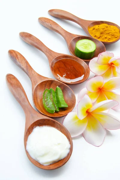 Fresh Yogurt Aloe Vera Turmeric Powder Honey Cucumber Lemon Ingredients — Stock Photo, Image
