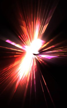 Fütürist mercek patlaması. Parlayan parçacıkları ve çizgileri olan ışık patlaması yıldızı. Güzel soyut ışın arkaplanı.