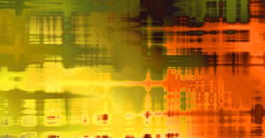 Soyut arkaplan. Yaşlanmış grunge dokusunda geometrik elementler. Farklı renk desenli grafiksel illüstrasyon.