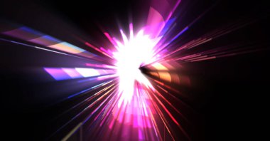 Fütürist mercek patlaması. Parlayan parçacıkları ve çizgileri olan ışık patlaması yıldızı. Güzel soyut ışın arkaplanı.