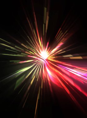 Fütürist mercek patlaması. Parlayan parçacıkları ve çizgileri olan ışık patlaması yıldızı. Güzel soyut ışın arkaplanı.