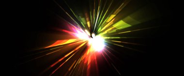 Fütürist mercek patlaması. Parlayan parçacıkları ve çizgileri olan ışık patlaması yıldızı. Güzel soyut ışın arkaplanı.