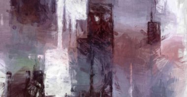 Soyut arkaplanda pürüzlü fırça darbeleri. Fırça boyası. Renkli boya darbeleri. Eşsiz duvar sanatı. Tuvaldeki modern sanat. Renkli çağdaş sanat eserleri. 