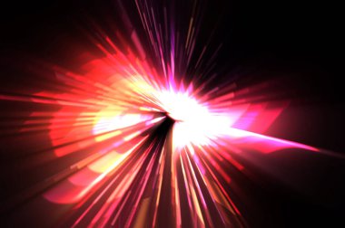 Fütürist mercek patlaması. Parlayan parçacıkları ve çizgileri olan ışık patlaması yıldızı. Güzel soyut ışın arkaplanı.