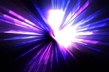 Fütürist mercek patlaması. Parlayan parçacıkları ve çizgileri olan ışık patlaması yıldızı. Güzel soyut ışın arkaplanı.