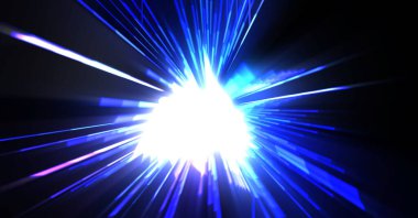 Fütürist mercek patlaması. Parlayan parçacıkları ve çizgileri olan ışık patlaması yıldızı. Güzel soyut ışın arkaplanı.