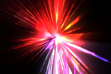 Fütürist mercek patlaması. Parlayan parçacıkları ve çizgileri olan ışık patlaması yıldızı. Güzel soyut ışın arkaplanı.