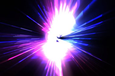 Fütürist mercek patlaması. Parlayan parçacıkları ve çizgileri olan ışık patlaması yıldızı. Güzel soyut ışın arkaplanı.