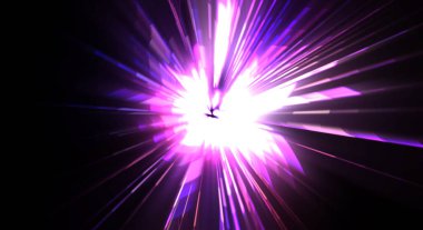 Fütürist mercek patlaması. Parlayan parçacıkları ve çizgileri olan ışık patlaması yıldızı. Güzel soyut ışın arkaplanı.