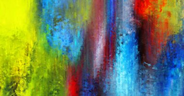 Modern sanat. Renkli çağdaş sanat eserleri. Renkli boya darbeleri. Soyut arkaplanda fırça darbeleri. Fırça boyası. Eşsiz duvar sanatı.