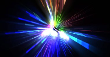 Fütürist mercek patlaması. Parlayan parçacıkları ve çizgileri olan ışık patlaması yıldızı. Güzel soyut ışın arkaplanı.