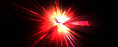 Fütürist mercek patlaması. Parlayan parçacıkları ve çizgileri olan ışık patlaması yıldızı. Güzel soyut ışın arkaplanı.