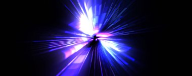 Fütürist mercek patlaması. Parlayan parçacıkları ve çizgileri olan ışık patlaması yıldızı. Güzel soyut ışın arkaplanı.