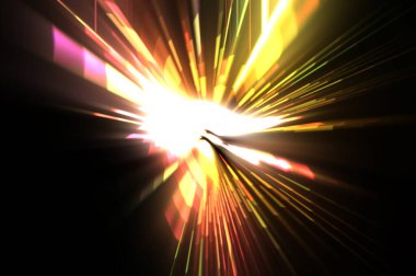 Fütürist mercek patlaması. Parlayan parçacıkları ve çizgileri olan ışık patlaması yıldızı. Güzel soyut ışın arkaplanı.