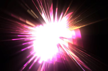 Fütürist mercek patlaması. Parlayan parçacıkları ve çizgileri olan ışık patlaması yıldızı. Güzel soyut ışın arkaplanı.