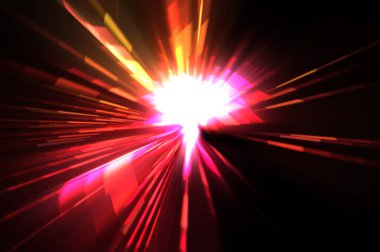 Fütürist mercek patlaması. Parlayan parçacıkları ve çizgileri olan ışık patlaması yıldızı. Güzel soyut ışın arkaplanı.