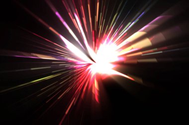 Fütürist mercek patlaması. Parlayan parçacıkları ve çizgileri olan ışık patlaması yıldızı. Güzel soyut ışın arkaplanı.