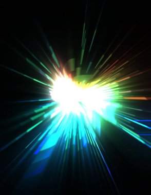 Fütürist mercek patlaması. Parlayan parçacıkları ve çizgileri olan ışık patlaması yıldızı. Güzel soyut ışın arkaplanı.