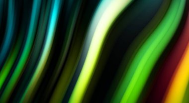 Siyah arka planda renkli düz çizgiler. Sıvı ve sıvı renkli dalgalar karanlıkta akıyor. Duvar kağıdı, afiş, arkaplan, kart, kitap, kapak, poster, afiş, broşür