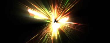 Fütürist mercek patlaması. Parlayan parçacıkları ve çizgileri olan ışık patlaması yıldızı. Güzel soyut ışın arkaplanı.