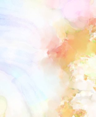 Pastel renklerde suluboya resim. Poster, duvar sanatı, afiş, kart, kitap kapağı ya da ambalaj için rahatlatıcı kompozisyonun yumuşak renkli çizimi. Modern fırça darbeleri resim.