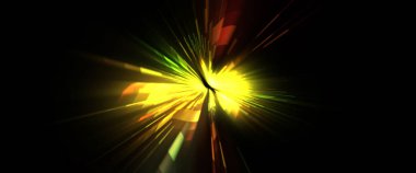 Fütürist mercek patlaması. Parlayan parçacıkları ve çizgileri olan ışık patlaması yıldızı. Güzel soyut ışın arkaplanı.