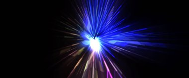 Fütürist mercek patlaması. Parlayan parçacıkları ve çizgileri olan ışık patlaması yıldızı. Güzel soyut ışın arkaplanı.