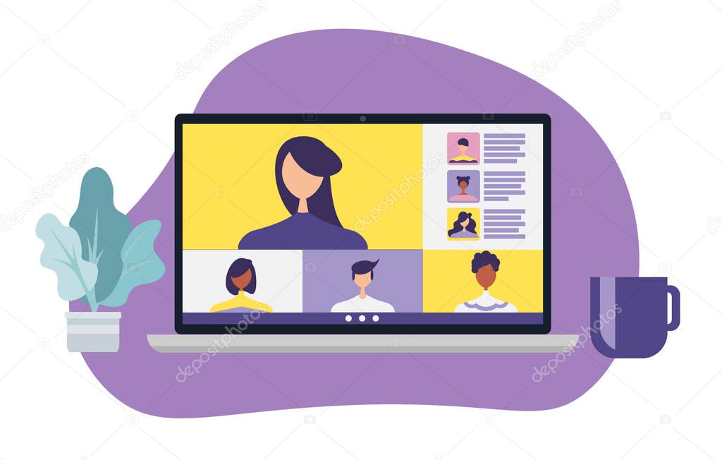 Conference video call, remote project management, quarantine, chat with friends, laptop vector illustration in a modern style.