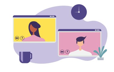 Konferans video çağrısı, uzak proje yönetimi, karantina, arkadaşlarla sohbet, modern tarzda vektör illüstrasyonu.