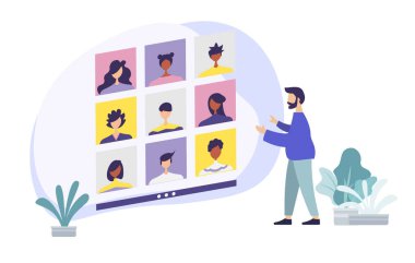 Çeşitli iş arkadaşlarıyla görüntülü konuşma. Evde video konferansı, evde müşterilerle görüntülü görüşme..