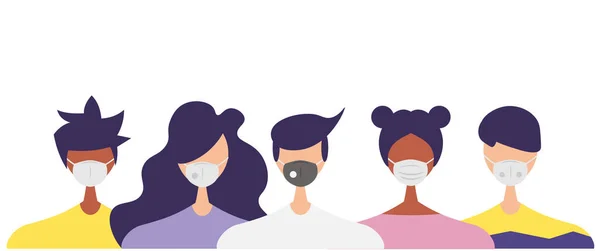 Humanos Com Máscaras Protetoras Conjunto Ilustrações Vetoriais Planas Grupo Seres — Vetor de Stock