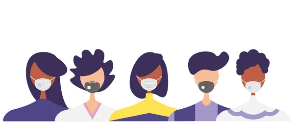 Humanos Com Máscaras Protetoras Conjunto Ilustrações Vetoriais Planas Grupo Seres — Vetor de Stock