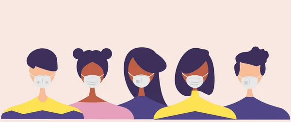 Humanos Com Máscaras Protetoras Conjunto Ilustrações Vetoriais Planas Grupo Seres — Vetor de Stock