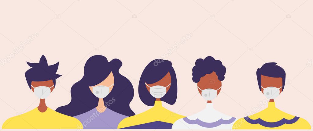 Humans with protective masks flat vector illustrations set. Group of humans wearing medical masks to prevent disease, flu, air pollution, contaminated air, world pollution